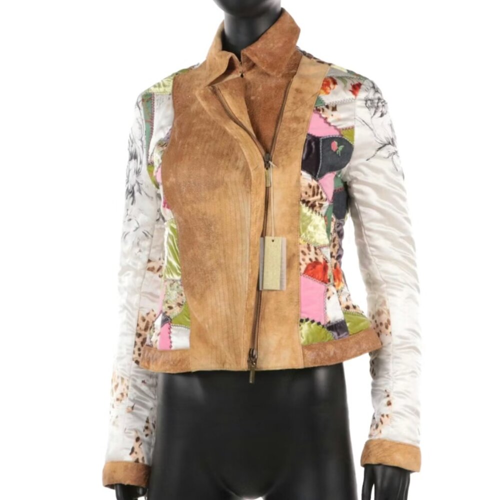 AUTH Roberto Cavalli Printed Silk Patchwork and Suede Leather Jacket NWT
